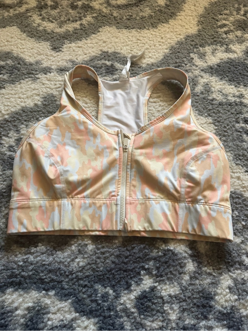 Fabletics Peach & Cream Camo Front-Zip Sports Bra